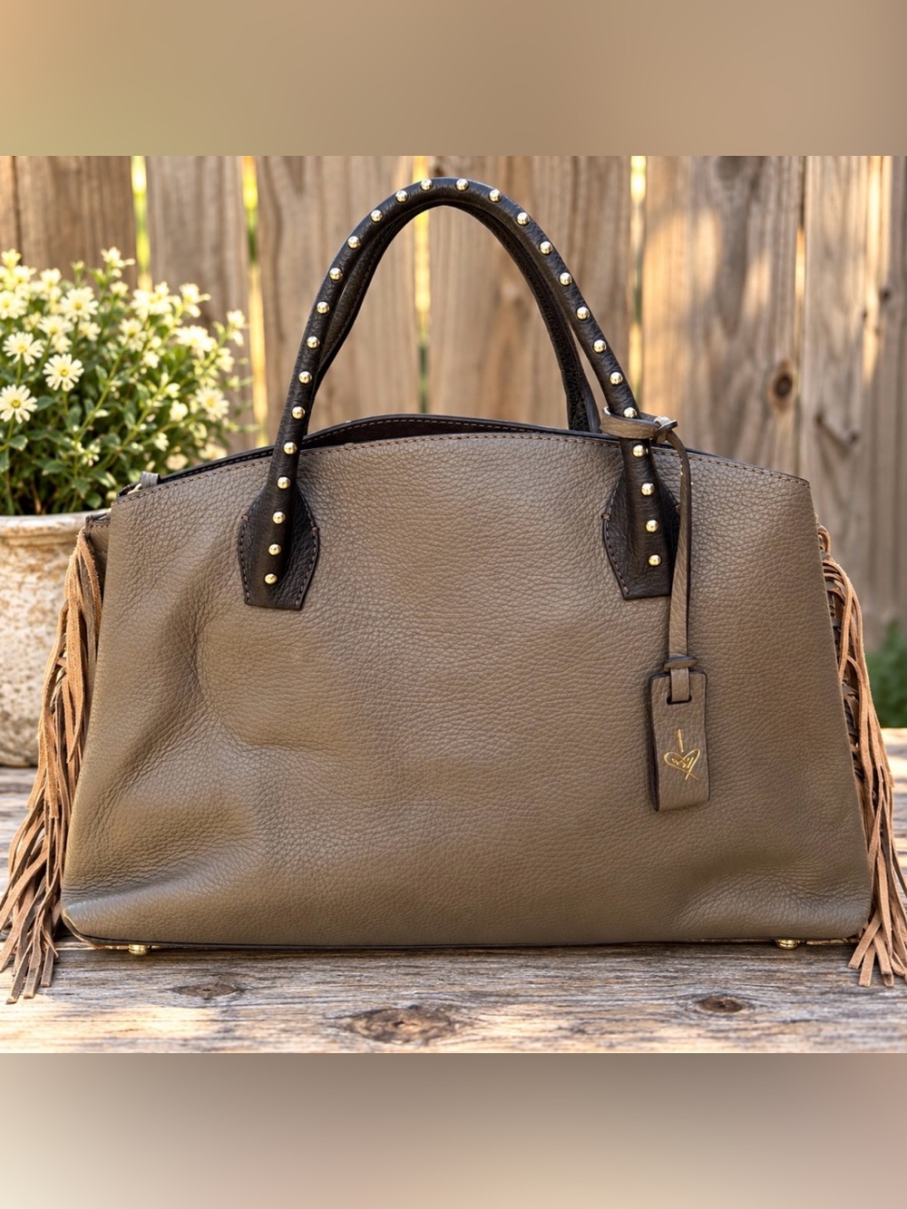 IACUCCI Italian Leather Fringe Tote | Studded Handles | Boho Western Statement